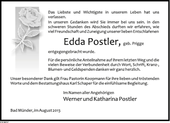 Traueranzeige von Edda Postler von Deister- und Weserzeitung
