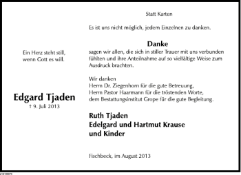 Traueranzeige von Edgard Tjaden von Deister- und Weserzeitung