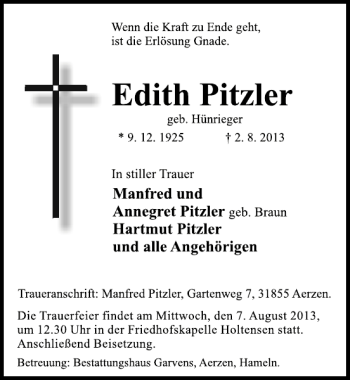 Traueranzeige von Edith Pitzler von Deister- und Weserzeitung