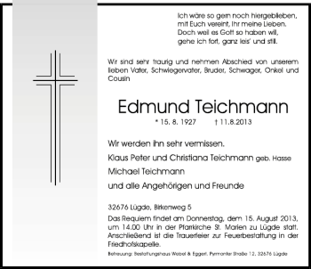 Traueranzeige von Edmund Teichmann von Deister- und Weserzeitung