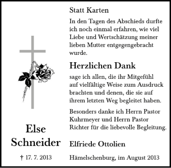 Traueranzeige von Else Schneider von Deister- und Weserzeitung