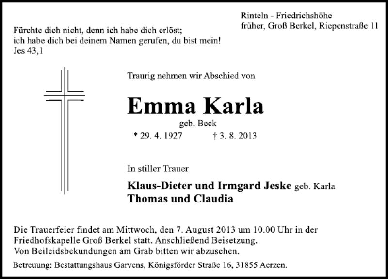  Traueranzeige für Emma Karla vom 05.08.2013 aus Deister- und Weserzeitung