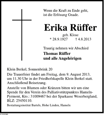 Traueranzeige von Erika Rüffer von Deister- und Weserzeitung