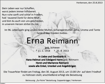 Traueranzeige von Erna Reimann von Deister- und Weserzeitung
