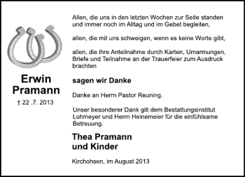 Traueranzeige von Erwin Pramann von Deister- und Weserzeitung