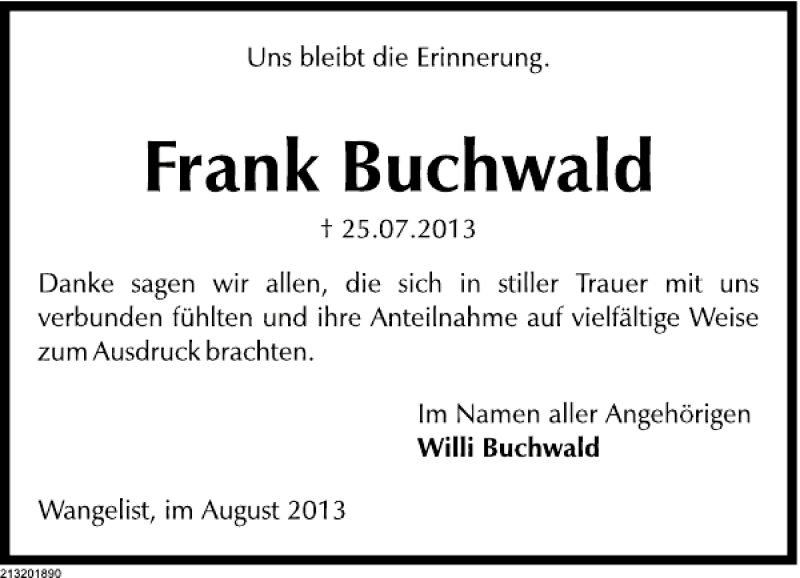  Traueranzeige für Frank Buchwald vom 17.08.2013 aus Deister- und Weserzeitung