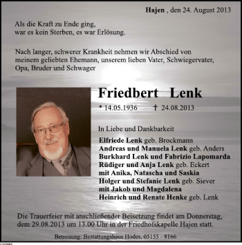 Traueranzeige von Friedbert Lenk von Deister- und Weserzeitung