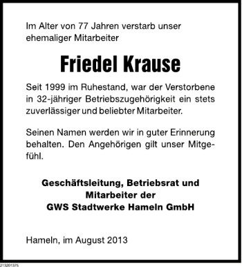 Traueranzeige von Friedel Krause von Deister- und Weserzeitung
