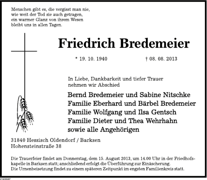  Traueranzeige für Friedirch Bredemeier vom 13.08.2013 aus Deister- und Weserzeitung