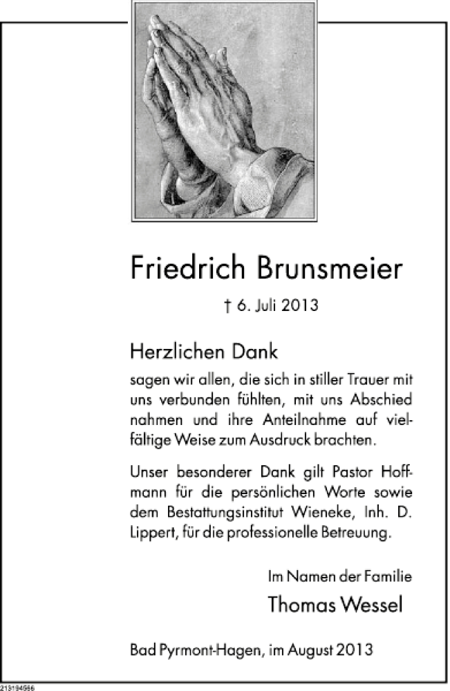  Traueranzeige für Friedrich Brunsmeier vom 03.08.2013 aus Deister- und Weserzeitung