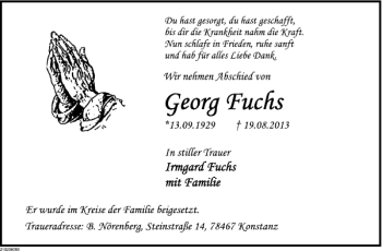 Traueranzeige von Georg Fuchs von Deister- und Weserzeitung