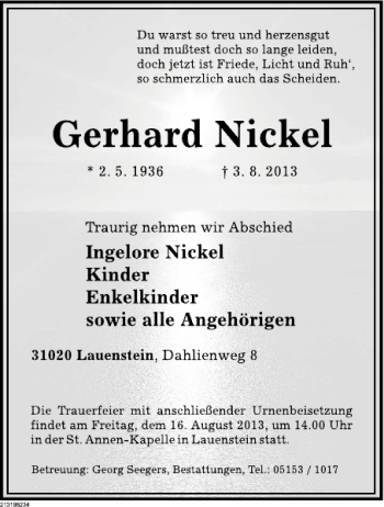 Traueranzeige von Gerhard Nickel von Deister- und Weserzeitung