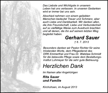 Traueranzeige von Gerhard Sauer von Deister- und Weserzeitung