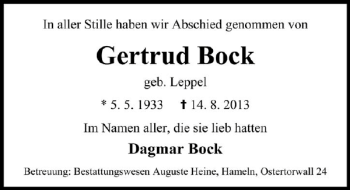 Traueranzeige von Gertrud Bock von Deister- und Weserzeitung