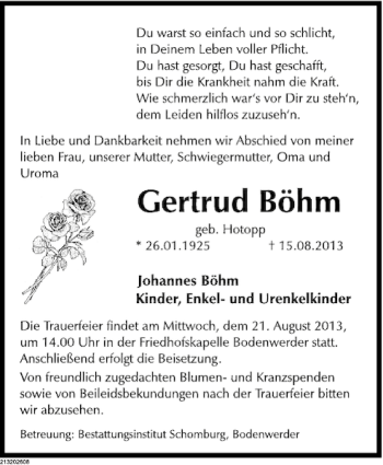 Traueranzeige von Gertrud Böhm von Deister- und Weserzeitung