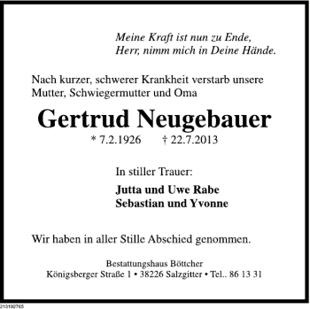 Traueranzeige von Gertrud Neugebauer von Deister- und Weserzeitung
