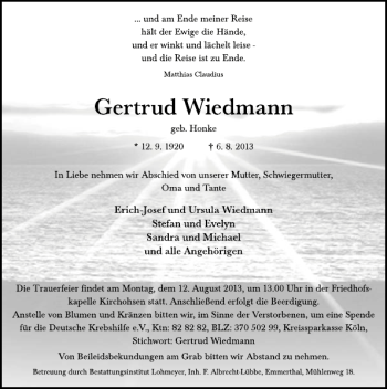 Traueranzeige von Gertrud Wiedemann von Deister- und Weserzeitung