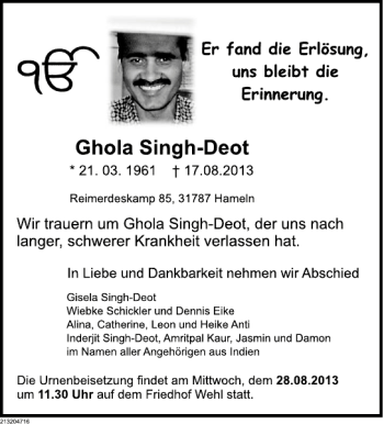 Traueranzeige von Ghola Singh-Deot von Deister- und Weserzeitung