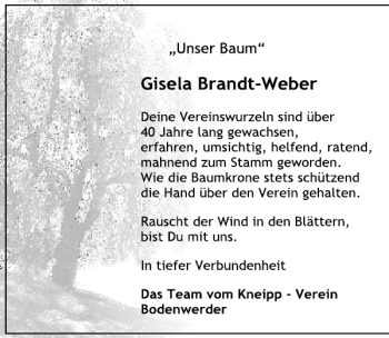Traueranzeige von Gisela Brandt-Weber von Deister- und Weserzeitung