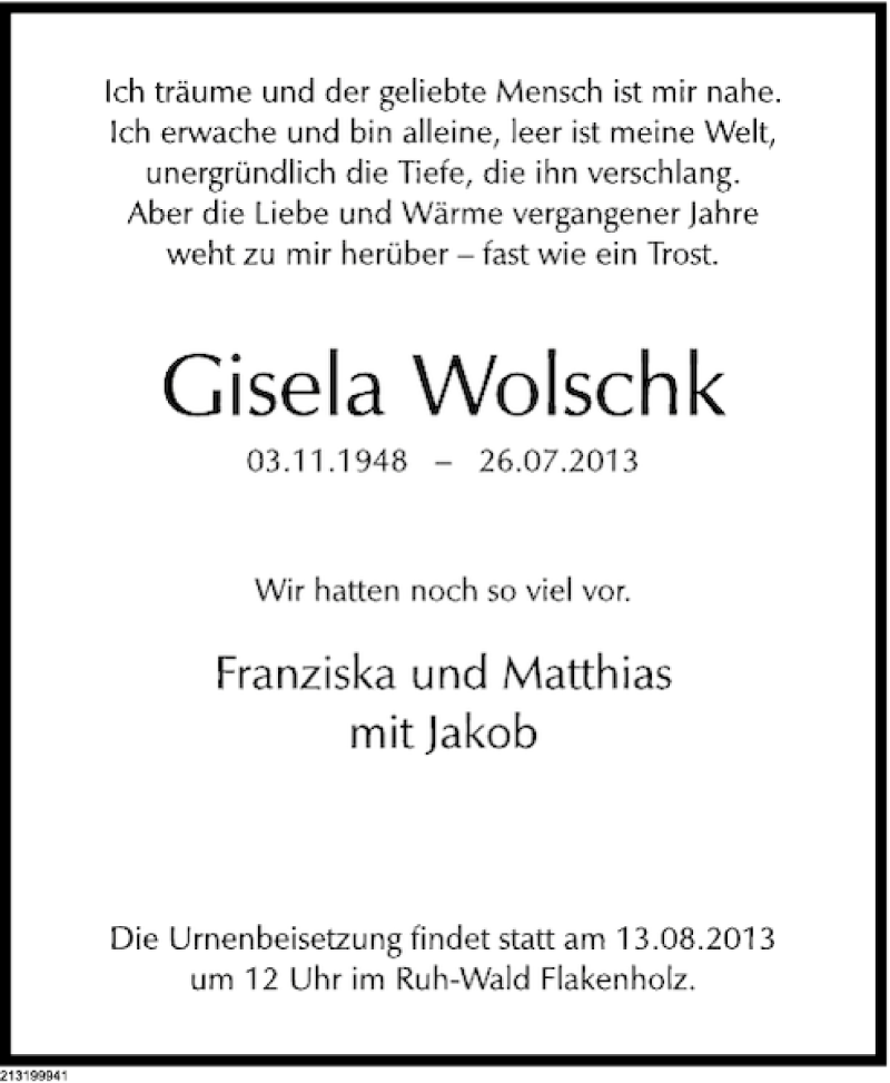  Traueranzeige für Gisela Wolschk vom 12.08.2013 aus Deister- und Weserzeitung