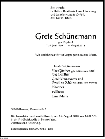 Traueranzeige von Grete Schünemann von Deister- und Weserzeitung