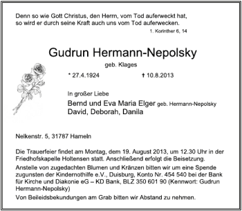 Traueranzeige von Gudrun Hermann-Nepolsky von Deister- und Weserzeitung