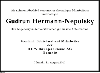 Traueranzeige von Gudrun Hermann-Nepolsky von Deister- und Weserzeitung