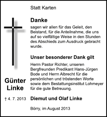 Traueranzeige von Günter Linke von Deister- und Weserzeitung