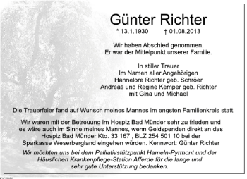 Traueranzeige von Günter Richter von Deister- und Weserzeitung