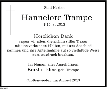 Traueranzeige von Hannelore Trampe von Deister- und Weserzeitung