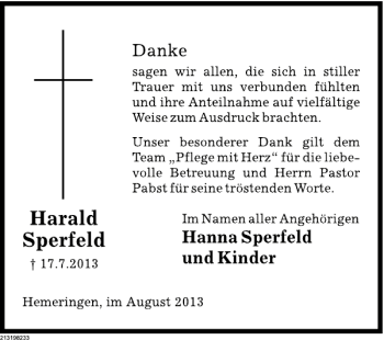 Traueranzeige von Harald Sperfeld von Deister- und Weserzeitung
