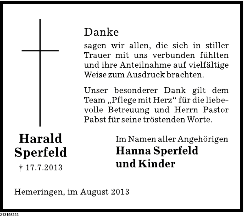  Traueranzeige für Harald Sperfeld vom 10.08.2013 aus Deister- und Weserzeitung