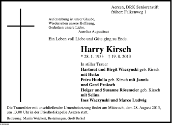 Traueranzeige von Harry Kirsch von Deister- und Weserzeitung