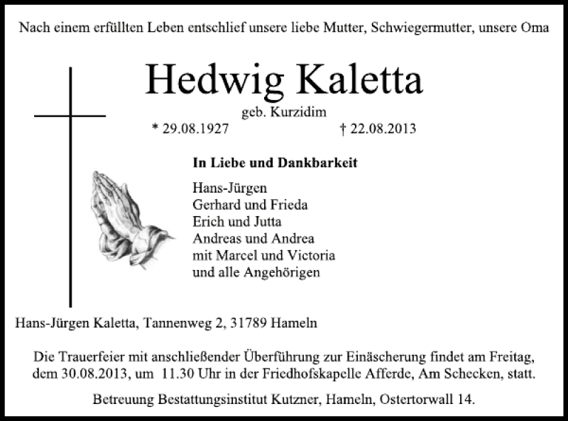 Traueranzeige für Hedwig Kaletta vom 27.08.2013 aus Deister- und Weserzeitung
