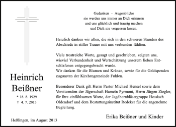 Traueranzeige von Heinrich Beißner von Deister- und Weserzeitung
