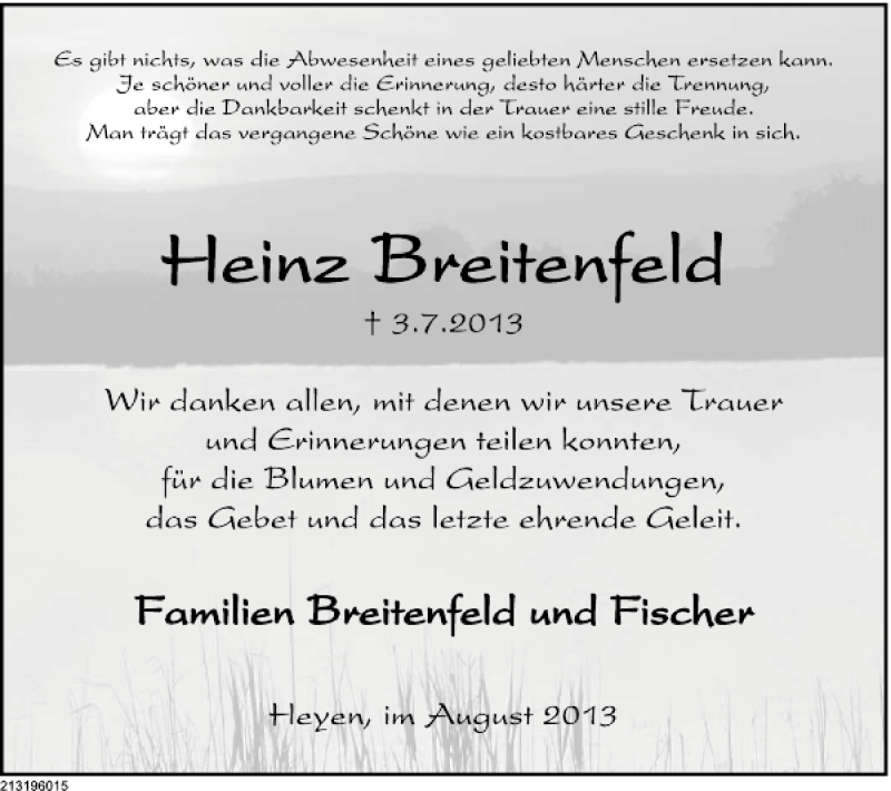  Traueranzeige für Heinz Breitenfeld vom 03.08.2013 aus Deister- und Weserzeitung