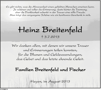 Traueranzeige von Heinz Breitenfeld von Deister- und Weserzeitung
