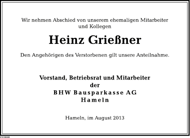  Traueranzeige für Heinz Grießner vom 02.08.2013 aus Deister- und Weserzeitung