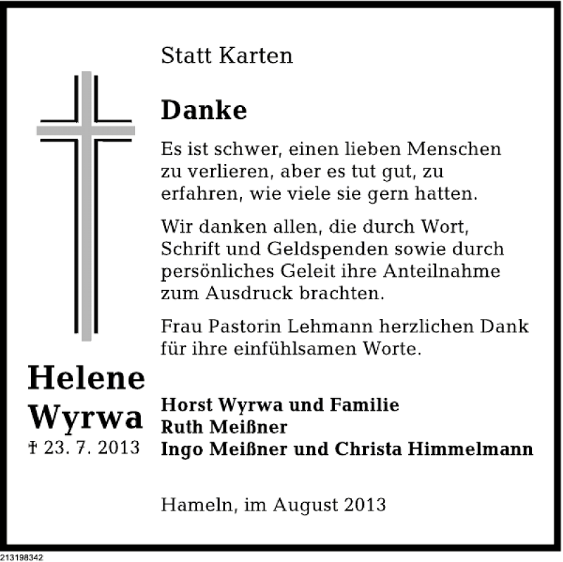  Traueranzeige für Helene Wyrwa vom 10.08.2013 aus Deister- und Weserzeitung