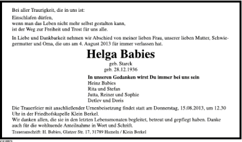 Traueranzeige von Helga Babies von Deister- und Weserzeitung
