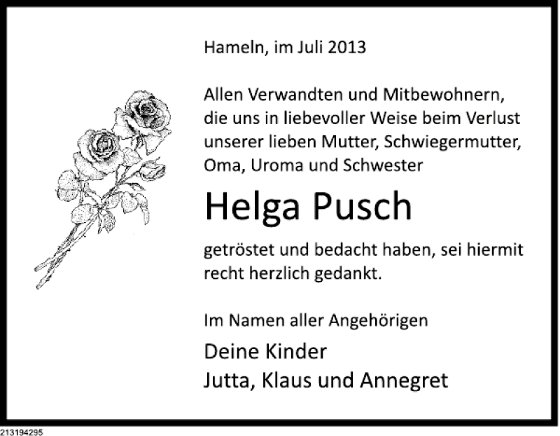  Traueranzeige für Helga Pusch vom 03.08.2013 aus Deister- und Weserzeitung