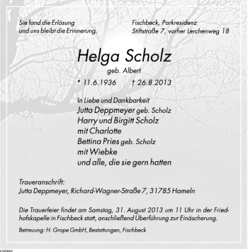 Traueranzeige von Helga Scholz von Deister- und Weserzeitung