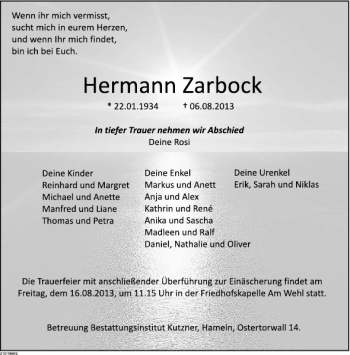 Traueranzeige von Hermann Zarbock von Deister- und Weserzeitung