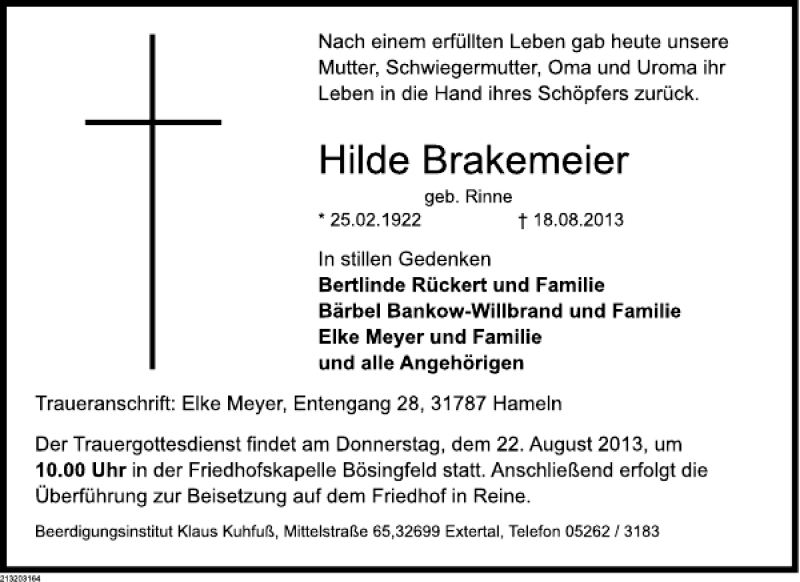  Traueranzeige für Hilde Brakemeier vom 20.08.2013 aus Deister- und Weserzeitung