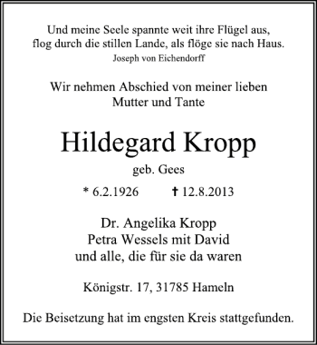 Traueranzeige von Hildegard Kropp von Deister- und Weserzeitung