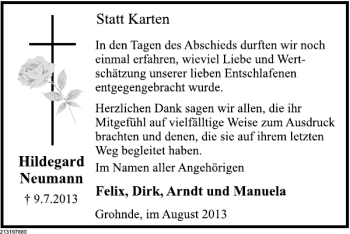 Traueranzeige von Hildegard Neumann von Deister- und Weserzeitung