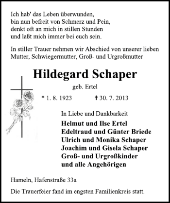 Traueranzeige von Hildegard Schaper von Deister- und Weserzeitung