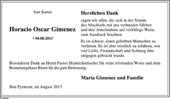 Traueranzeige von Horacio Oscar Gimenez von Deister- und Weserzeitung