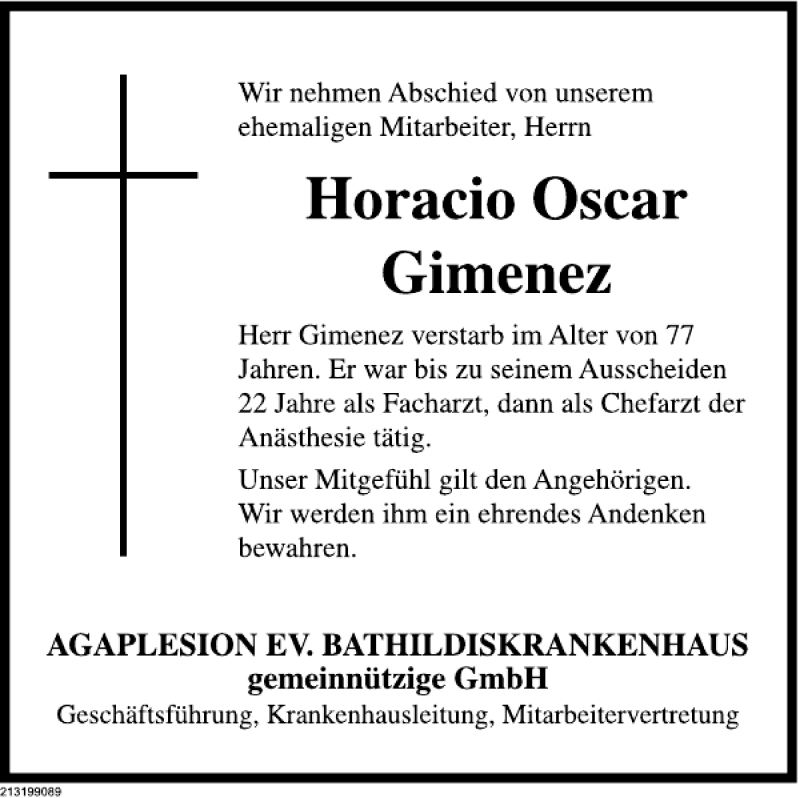  Traueranzeige für Horacio Oscar Gimenez vom 09.08.2013 aus Deister- und Weserzeitung
