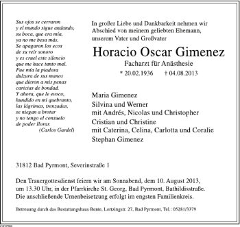 Traueranzeige von Horacio Oscar Gimenez von Deister- und Weserzeitung